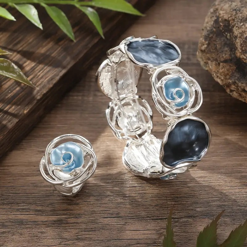 Blå Rose Smykkesett med Halskjede, Armbånd og Ring
